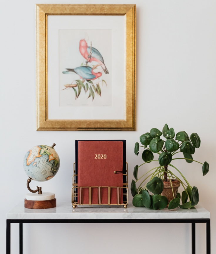 Entry table with globe, 2020 planner, and plant. Artwork of birds hung on wall above.